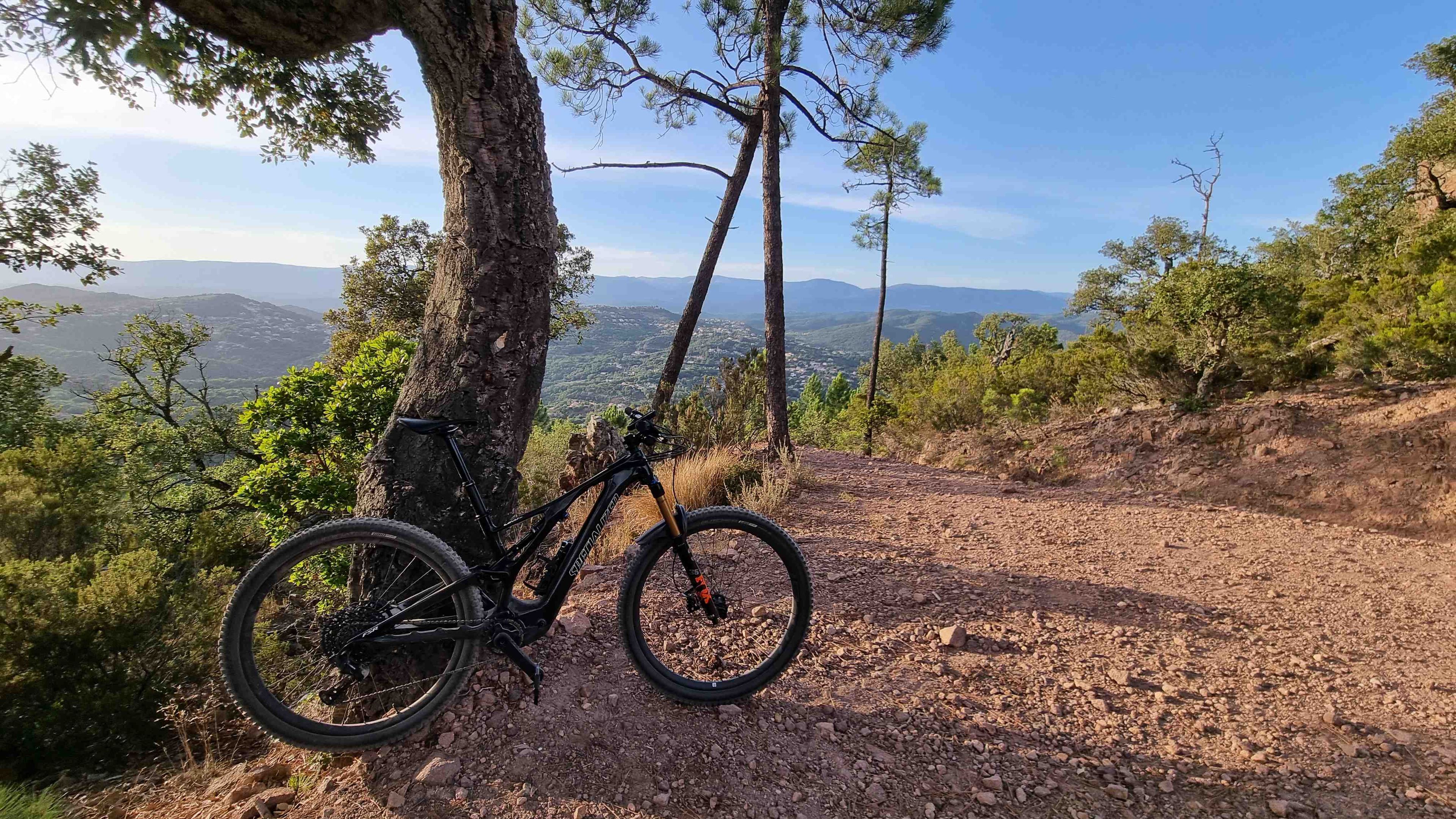 Un vélo tout-terrain est garé contre un arbre sur un sentier rocailleux, offrant une vue sur des montagnes lointaines.