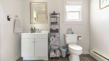 Combined shower/bathtub, hair dryer, towels, soap