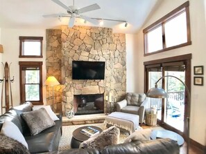 Smart TV, fireplace, video games, DVD player