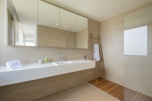 Combined shower/tub, hair dryer, bidet, towels