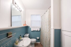 Combined shower/tub, hair dryer, towels, soap
