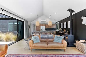 Smart TV, fireplace, books