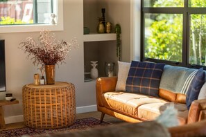 Smart TV, fireplace, books