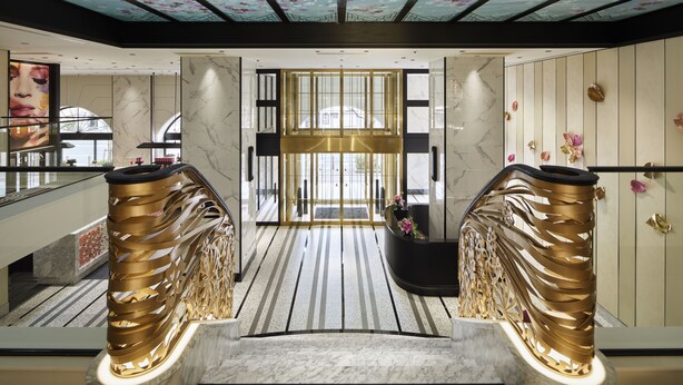 A modern hotel lobby with a marble floor, a central reception desk, and a glass ceiling with floral patterns. - Fauchon Hotel Kyoto (Kyoto)