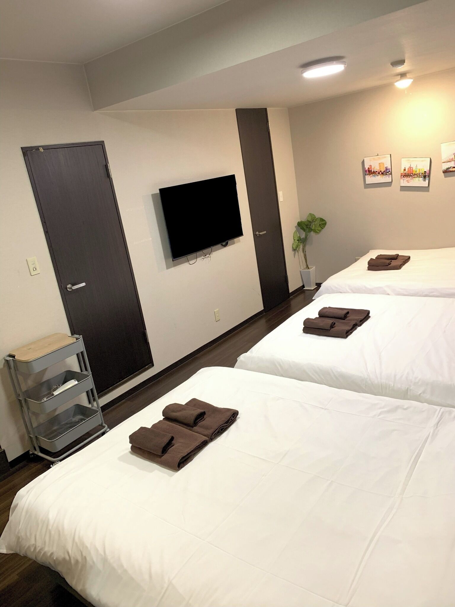 A hotel room with two beds, a TV, a plant, and a wall-mounted shelf.