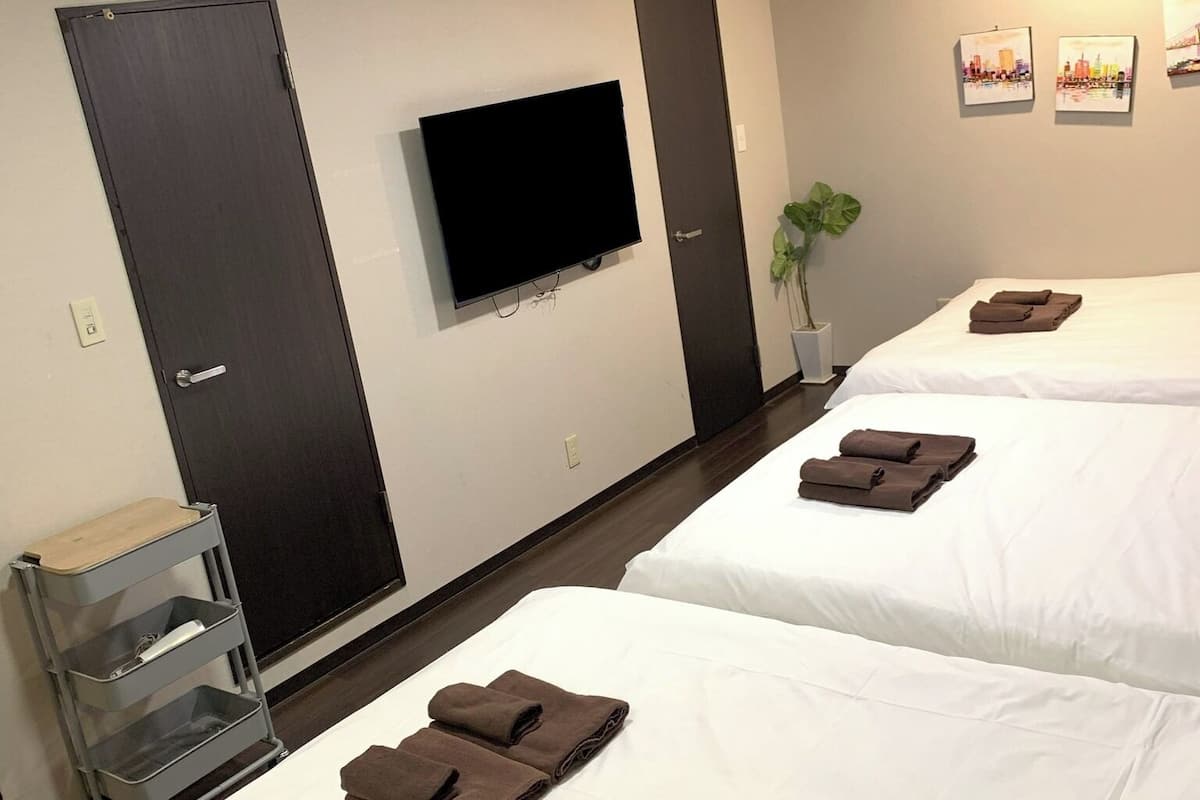 A hotel room with two beds, a TV mounted on the wall, a plant, and a small table with a tray.