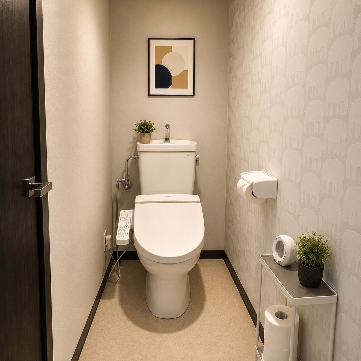 A modern bathroom with a toilet, sink, and hand dryer.