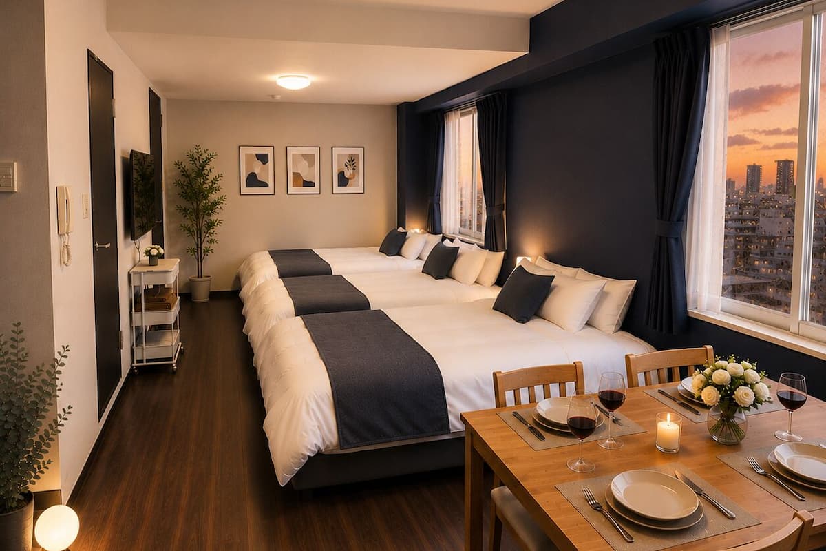 A hotel room with a large bed, a dining table set for two, a city view, and a small plant.