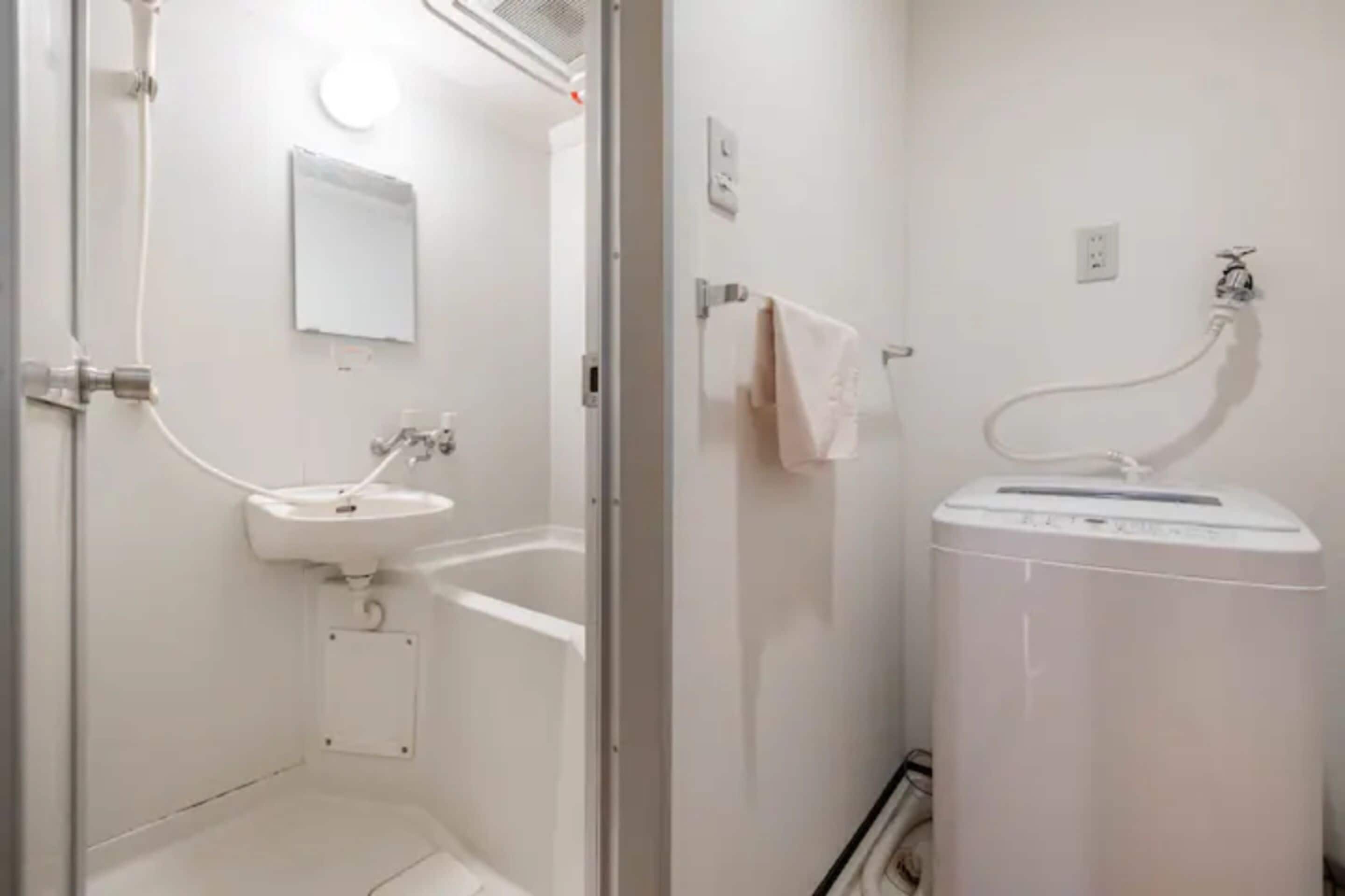 A small, white bathroom with a sink, mirror, and shower.