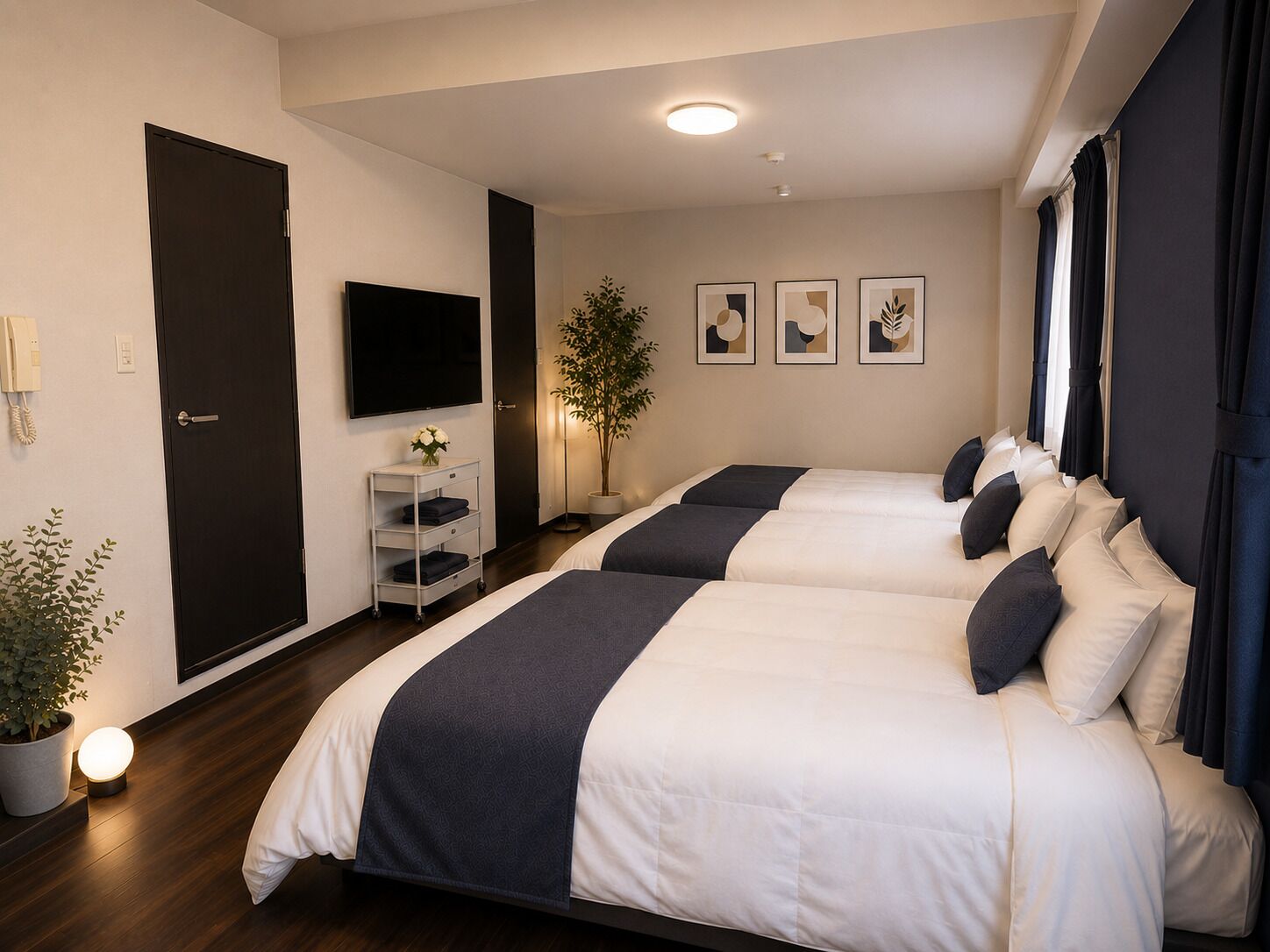 A hotel room with two beds, a TV, a plant, and artwork on the wall.