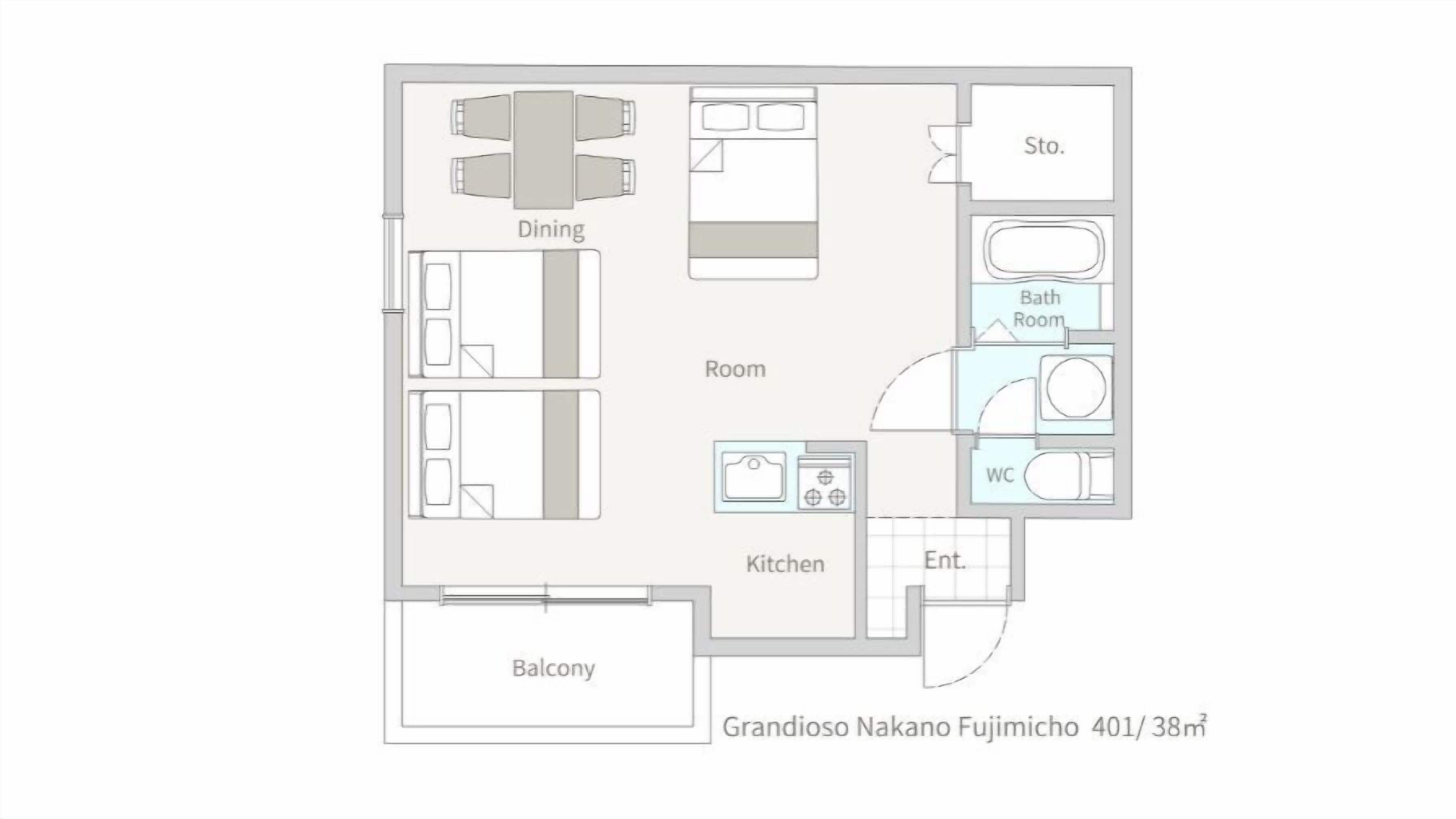 A floor plan of a 38m² apartment with a balcony, dining area, kitchen, bathroom, and a room.