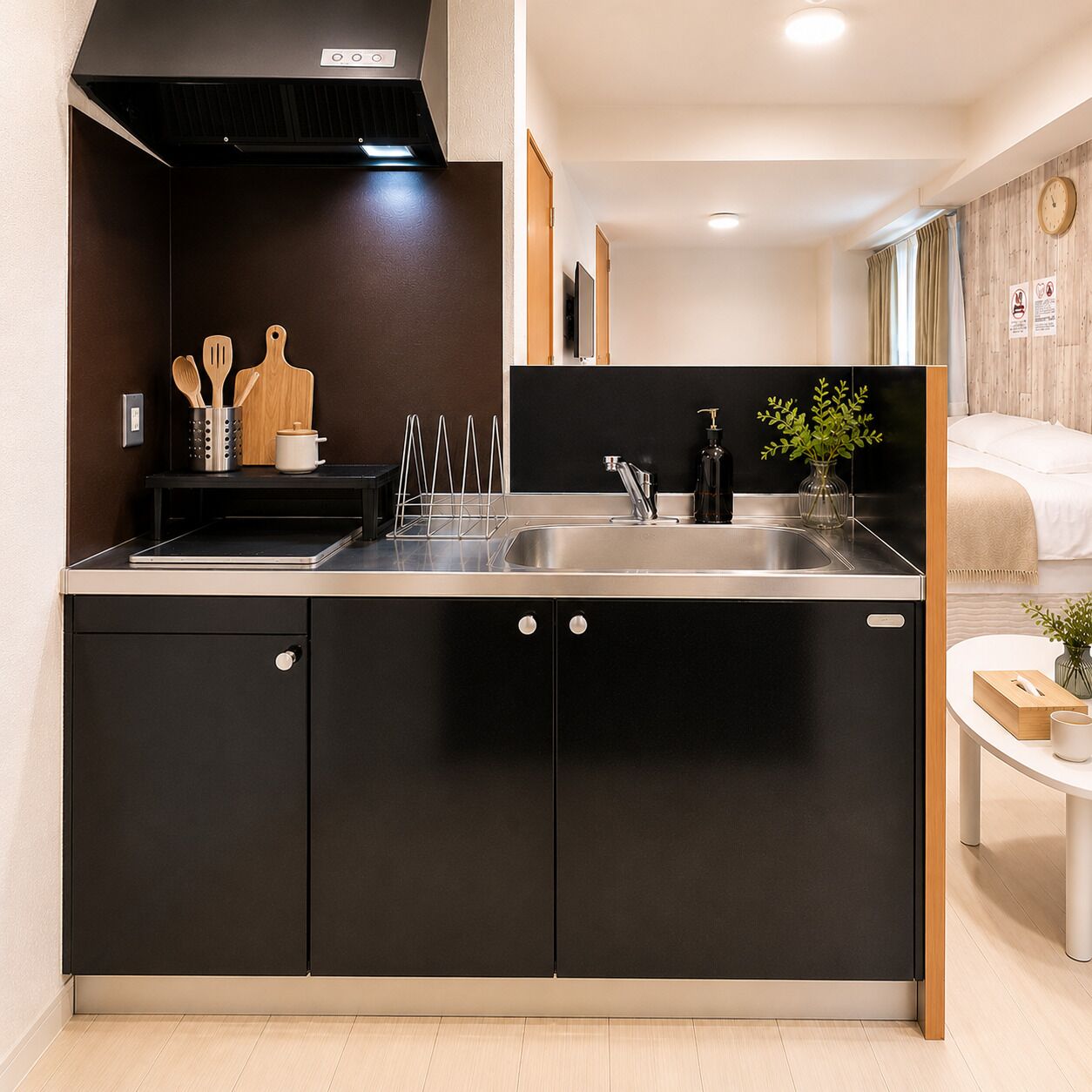 A modern kitchen with a stainless steel sink, black cabinets, and a small countertop.