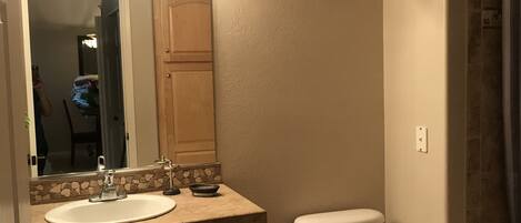 Hair dryer, towels, soap, toilet paper