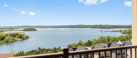 A view of a lake from a balcony with a railing, surrounded by greenery and a row of townhouses.