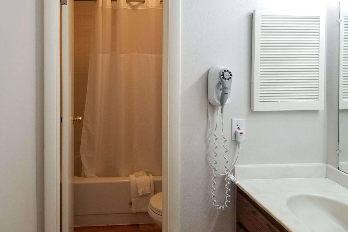 Un bagno con tenda della doccia, un water, un asciugacapelli montato a parete e un lavandino bianco.