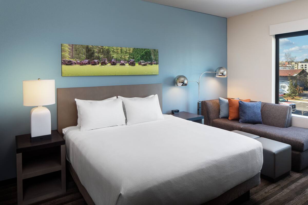 Habitación de hotel con una cama grande, un sofá, una mesita de noche con lámpara, televisor montado en la pared y ventana con vistas a edificios y árboles.