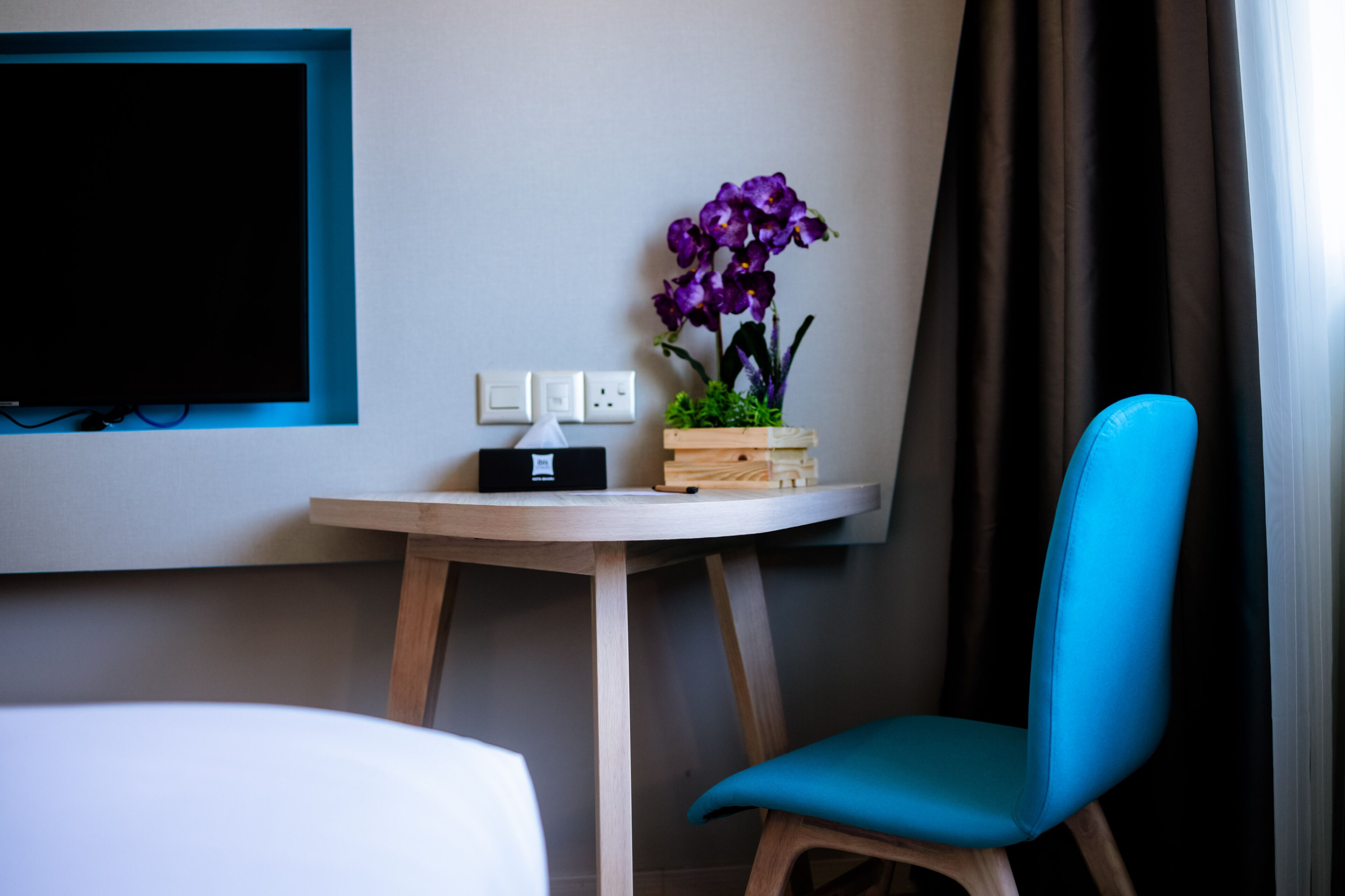 Una habitación de hotel con una cama, una mesita con una planta, una silla y un televisor instalado en la pared.