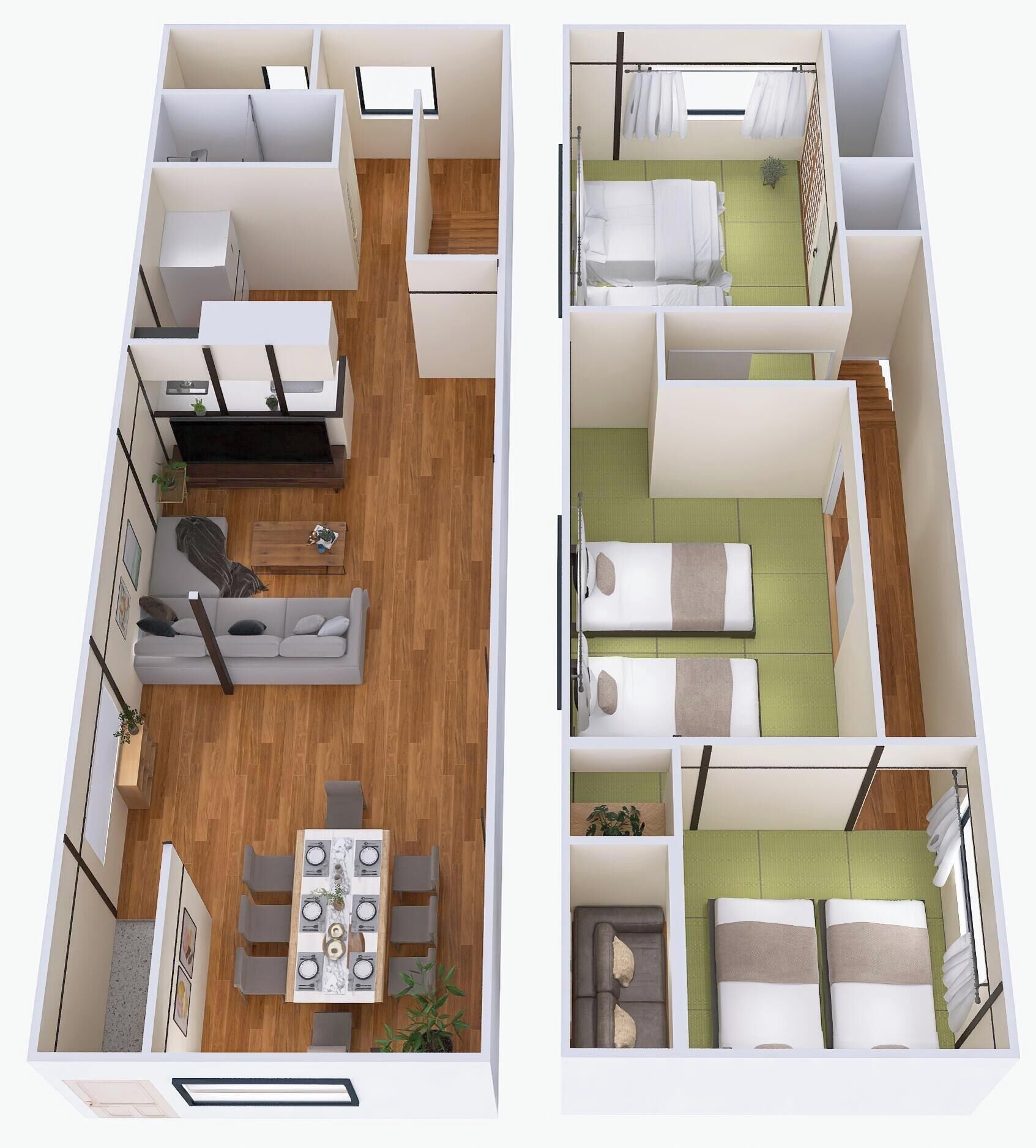 A modern apartment layout with a dining area, living room, and two bedrooms.