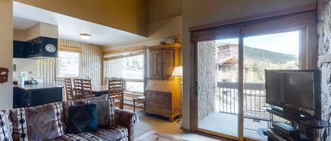 Televisie, een open haard, een dvd-speler en boeken