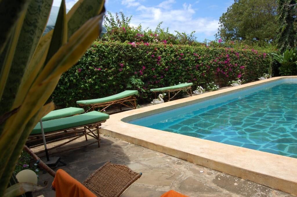 A swimming pool with lounge chairs and a lush green hedge in the background.