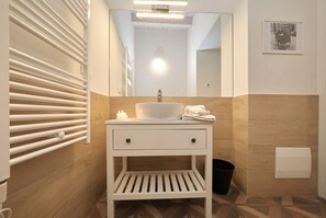 Shower, hair dryer, bidet, towels
