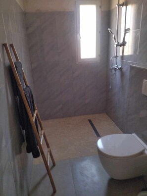 Een douche, handdoeken, zeep, toiletpapier