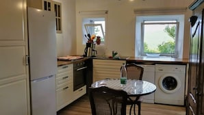 Cocina compacta con armarios blancos, horno empotrado, lavavajillas y ventana con vistas a zonas verdes.