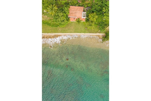 An aerial view of a beachfront property with a red-roofed building surrounded by lush greenery and palm trees.
