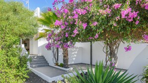 Un bâtiment blanc avec un escalier menant à une porte, entouré de verdure et de plantes en fleurs.