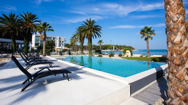 Area piscina con lettini, palme e vista sul mare.