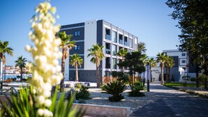 Un edificio moderno con tetto piatto e finestre rettangolari, circondato da palme e un vialetto sterrato.