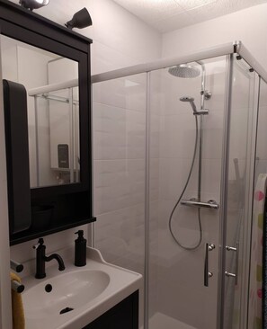 Hair dryer, towels, soap, toilet paper