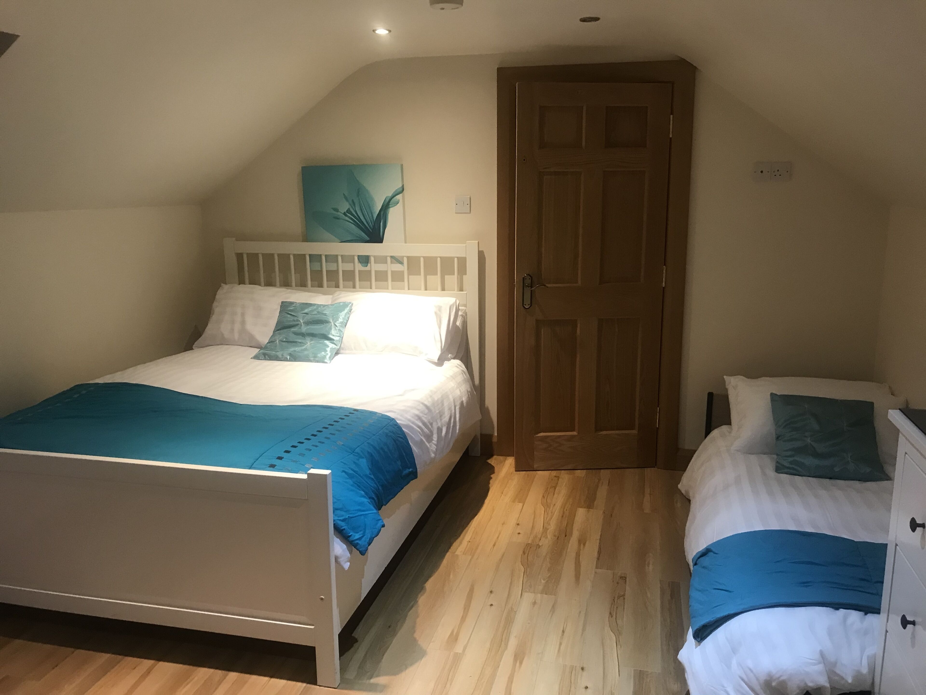A bedroom with a bed, a chest of drawers, and a door.