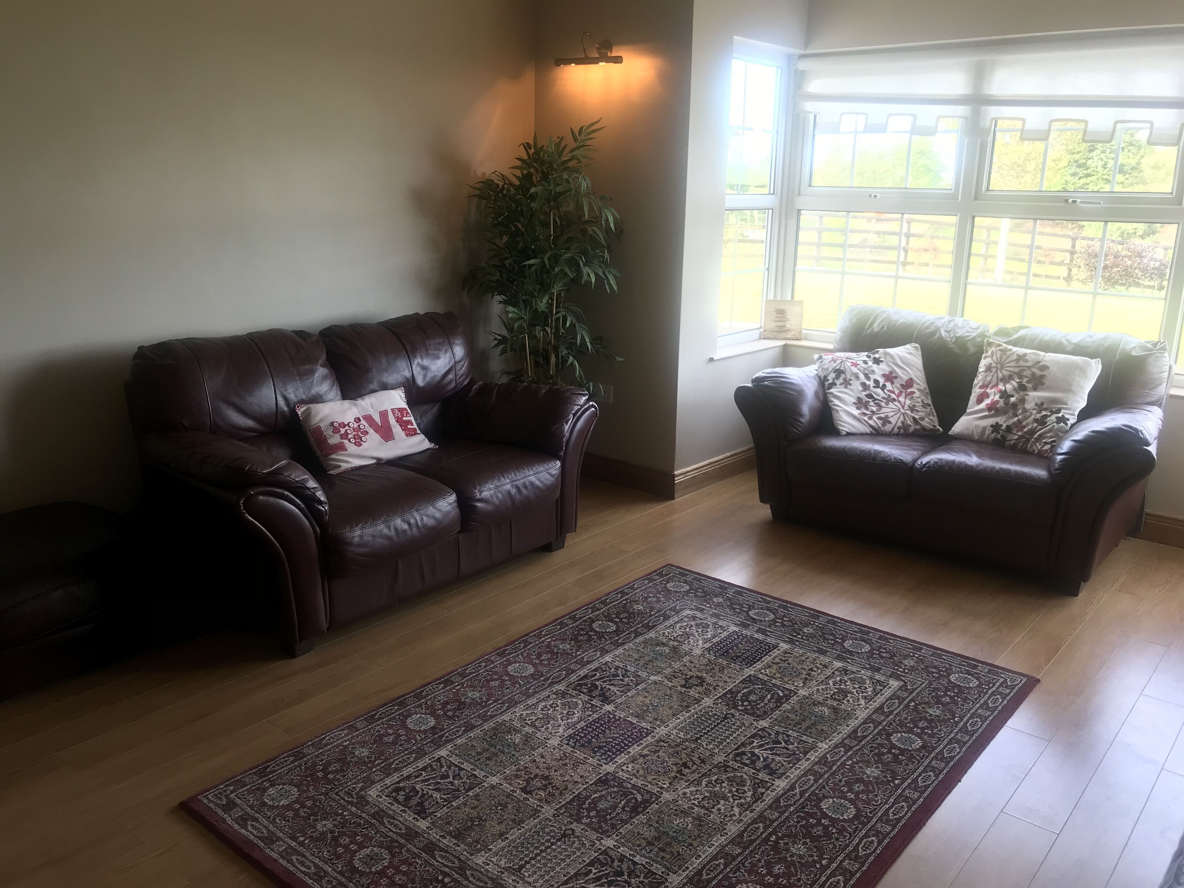 A living room with two leather sofas, a patterned rug, and a large window with a view of greenery.