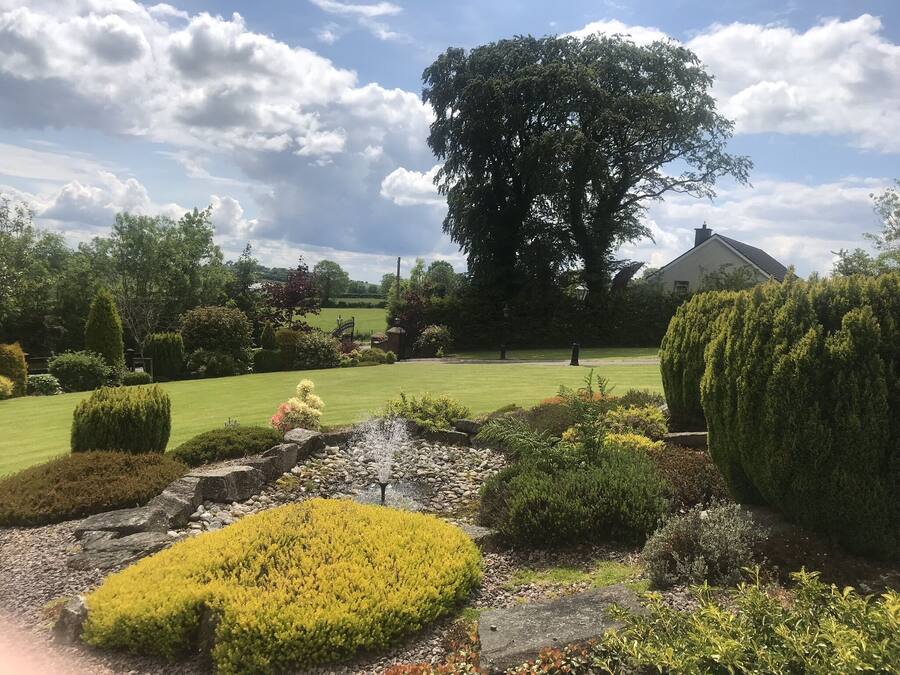 A well-maintained garden with a variety of shrubs and a lawn, a large tree, and a building in the background.