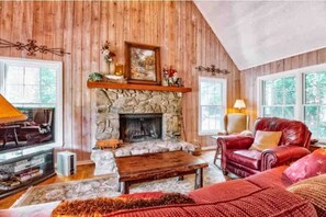 Smart TV, chimenea, libros y oficina