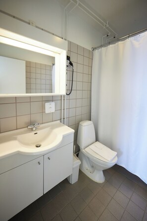 Shower, rainfall showerhead, hair dryer, towels