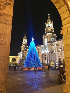 Un gran árbol de Navidad iluminado frente a un edificio histórico con dos torres.