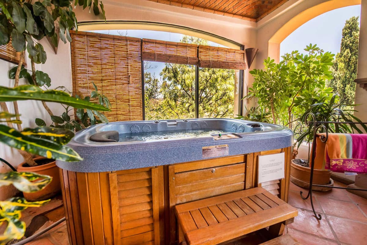 A hot tub with wooden benches, surrounded by potted plants and a view of trees.