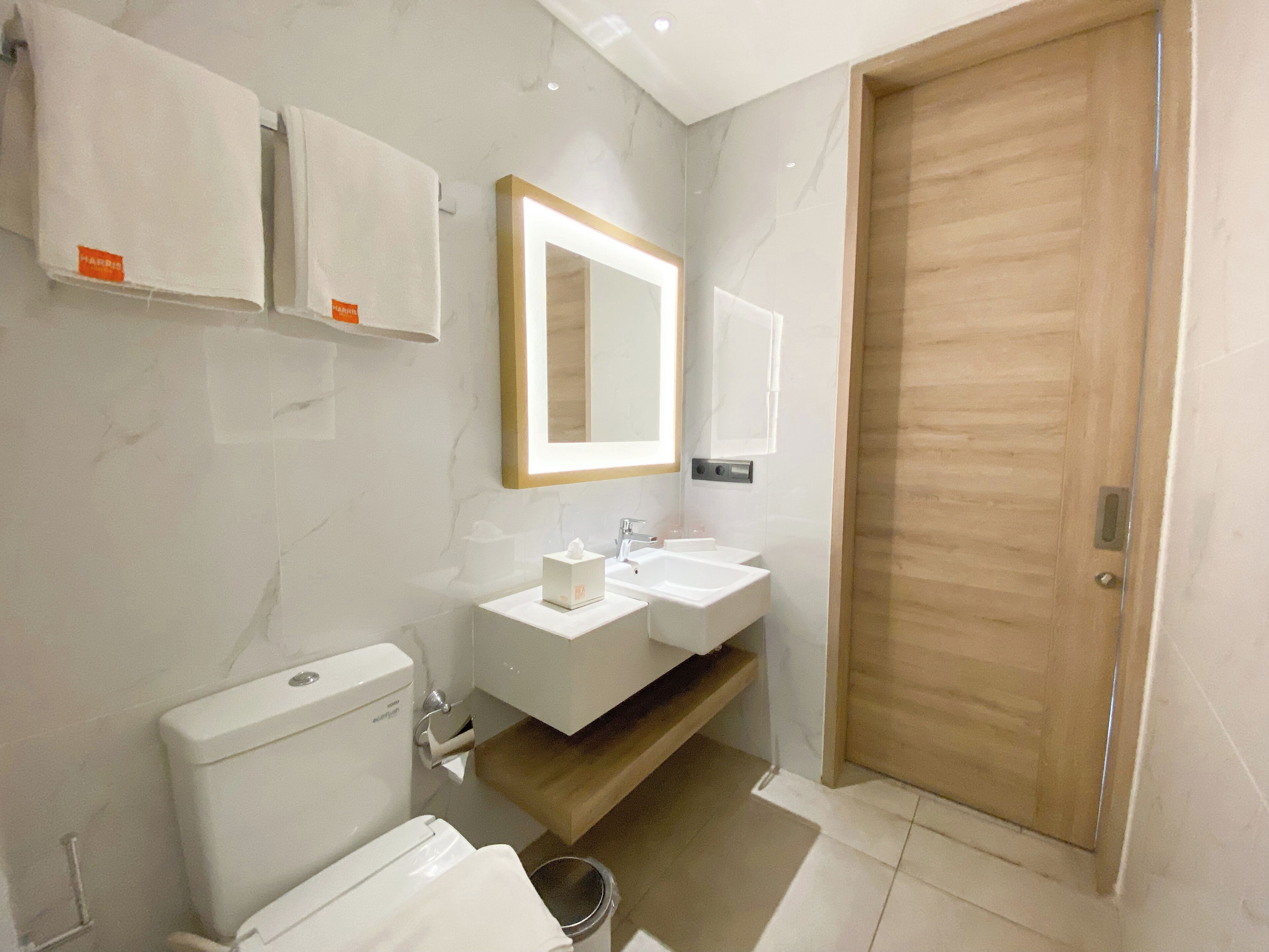 A modern bathroom with a toilet, two sinks, a mirror, and a wooden door.
