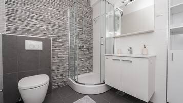Douche, sèche-cheveux, serviettes fournies, savon