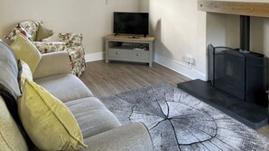 Un salon avec un canapé, un téléviseur posé sur un meuble en bois, une cheminée et une fenêtre avec des rideaux.