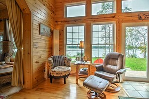 TV connectée, cheminée, lecteur de DVD, livres