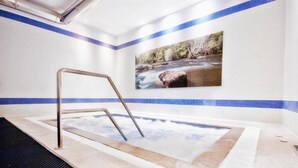A hot tub with a metal ladder, surrounded by a tiled wall with a blue border and a picture of a river scene. - Santiago (Lugo)