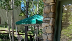 A wooden deck with a stone wall, outdoor seating, and a green canopy. - End Unit;walk to lifts,or take free bus winter; Ski History Exhibit (Mount Crested Butte)