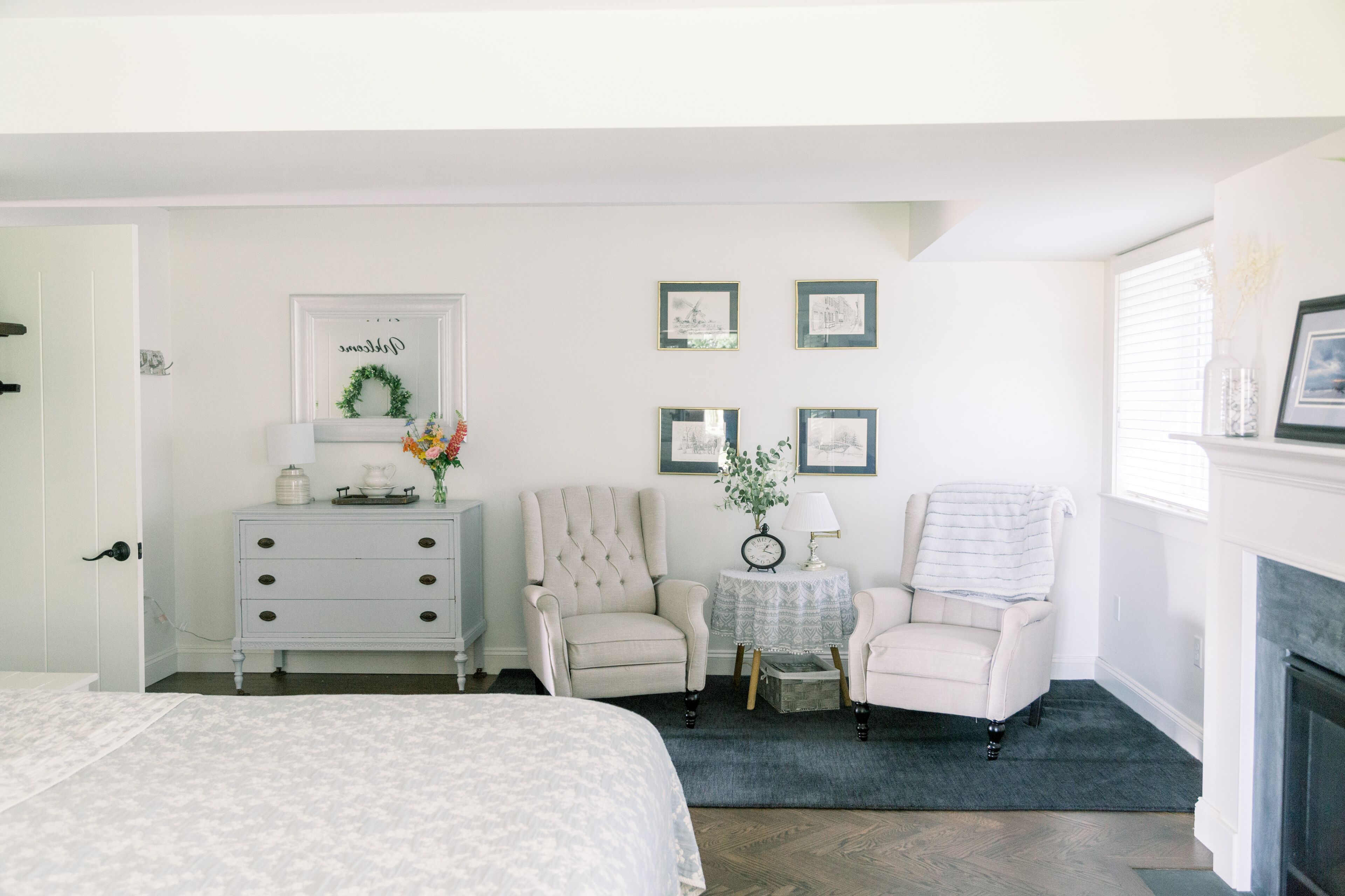 Private suite with kitchenette, bedroom, bathroom and patio.