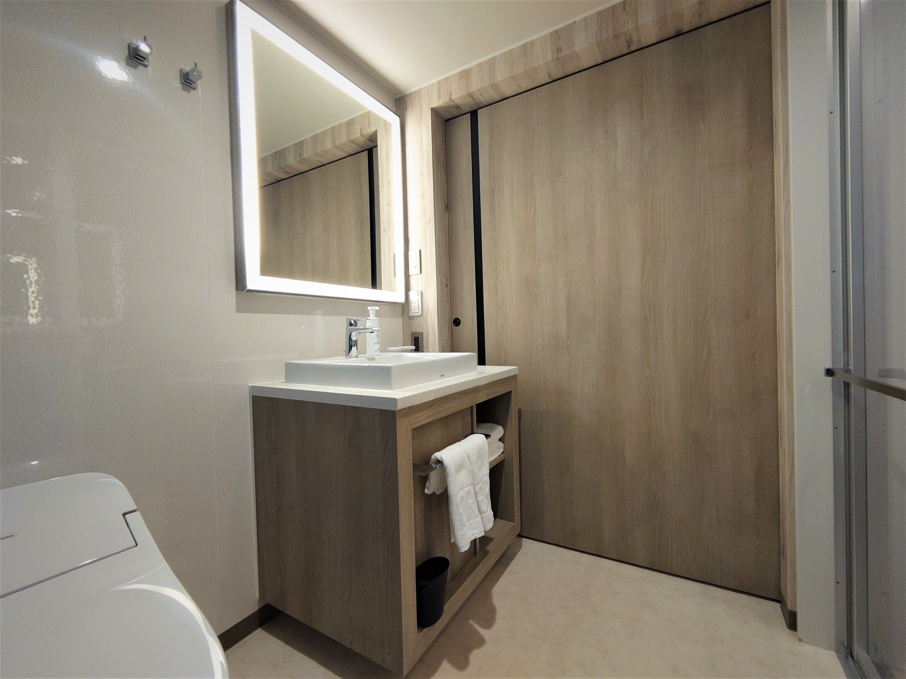 Une salle de bain moderne avec un lavabo blanc, un miroir et un meuble-lavabo en bois.