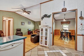 TV, fireplace, DVD player, books