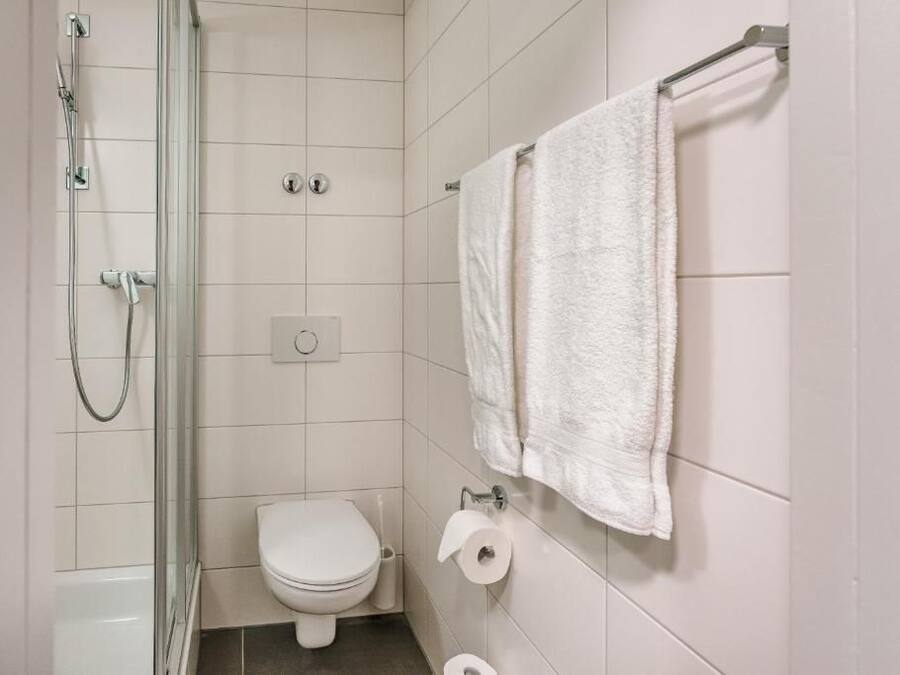 A bathroom with a glass-enclosed shower, a toilet, and a towel rack with a towel.