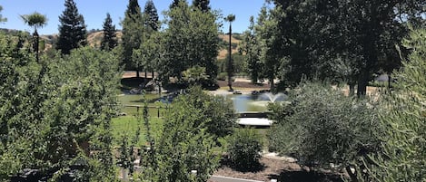 A landscaped garden with a pond, trees, and a white fence.